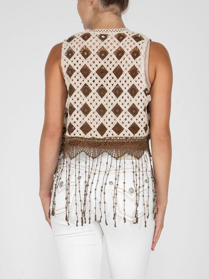 Miss Me MJ0652L Womens All Over Crochet Cropped Fringe Vest Beige front view. If you need any assistance with this item or the purchase of this item please call us at five six one seven four eight eight eight zero one Monday through Saturday 10:00a.m EST to 8:00 p.m EST