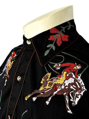 Rockmount 6840-BLK Mens Vintage Bronc Embroidered Western Shirt Black side / front close up. If you need any assistance with this item or the purchase of this item please call us at five six one seven four eight eight eight zero one Monday through Saturday 10:00a.m EST to 8:00 p.m EST