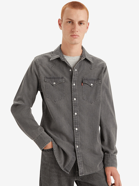 Levis 857450148 Mens Classic Standard Fit Western Shirt Calypso Grey Stonewash front view on model. If you need any assistance with this item or the purchase of this item please call us at five six one seven four eight eight eight zero one Monday through Saturday 10:00a.m EST to 8:00 p.m EST