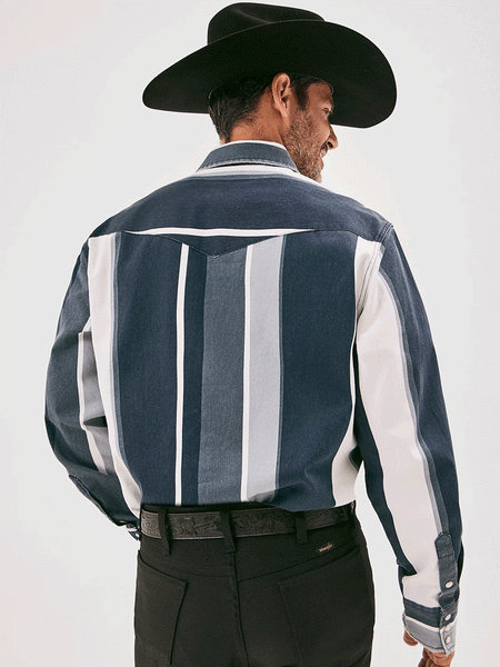 Wrangler 112358325 Mens Vintage Inspired Brushpopper Stripe Shirt Navy back view tucked in. If you need any assistance with this item or the purchase of this item please call us at five six one seven four eight eight eight zero one Monday through Saturday 10:00a.m EST to 8:00 p.m EST

