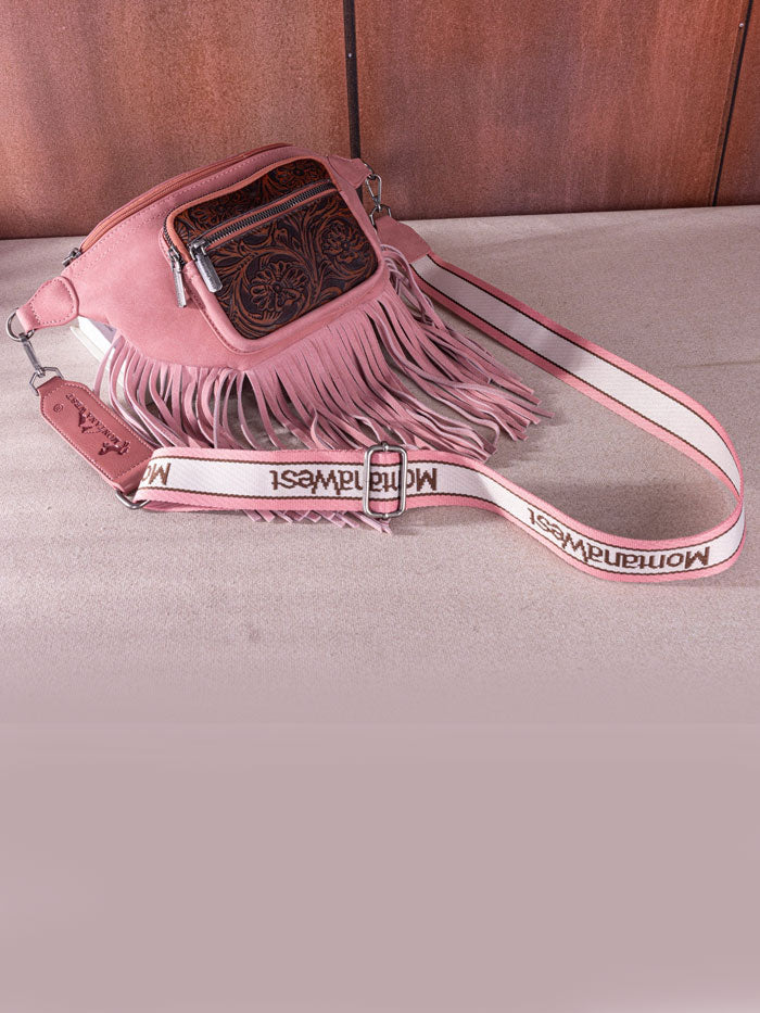 Montana West MW1276-194PK Womens Floral Tooled Fringe Fanny Pack Pink front view. If you need any assistance with this item or the purchase of this item please call us at five six one seven four eight eight eight zero one Monday through Saturday 10:00a.m EST to 8:00 p.m EST