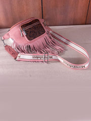 Montana West MW1276-194PK Womens Floral Tooled Fringe Fanny Pack Pink strap view. If you need any assistance with this item or the purchase of this item please call us at five six one seven four eight eight eight zero one Monday through Saturday 10:00a.m EST to 8:00 p.m EST