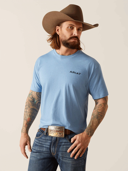 Ariat 10047894 Mens Wheat Flag T-Shirt Light Blue Heather front view. If you need any assistance with this item or the purchase of this item please call us at five six one seven four eight eight eight zero one Monday through Saturday 10:00a.m EST to 8:00 p.m EST