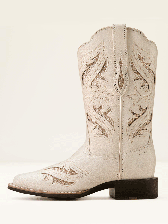 Ariat 10053648 Womens Round Up Bliss Western Boot Distressed Ivory front and side view. If you need any assistance with this item or the purchase of this item please call us at five six one seven four eight eight eight zero one Monday through Saturday 10:00a.m EST to 8:00 p.m EST