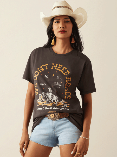 Ariat 10055163 Womens No Roads T-Shirt Vintage Black front view. If you need any assistance with this item or the purchase of this item please call us at five six one seven four eight eight eight zero one Monday through Saturday 10:00a.m EST to 8:00 p.m EST