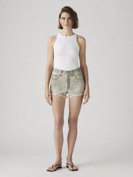 Levi's 563270468 Womens 501 Original Shorts Cloudy Cypress Olive Green front view. If you need any assistance with this item or the purchase of this item please call us at five six one seven four eight eight eight zero one Monday through Saturday 10:00a.m EST to 8:00 p.m EST