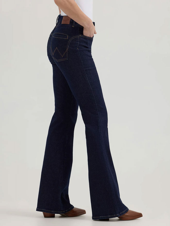 Wrangler 112361641 Womens Bespoke High Rise Fashion Flare Jean Adalyn Navy front view. If you need any assistance with this item or the purchase of this item please call us at five six one seven four eight eight eight zero one Monday through Saturday 10:00a.m EST to 8:00 p.m EST