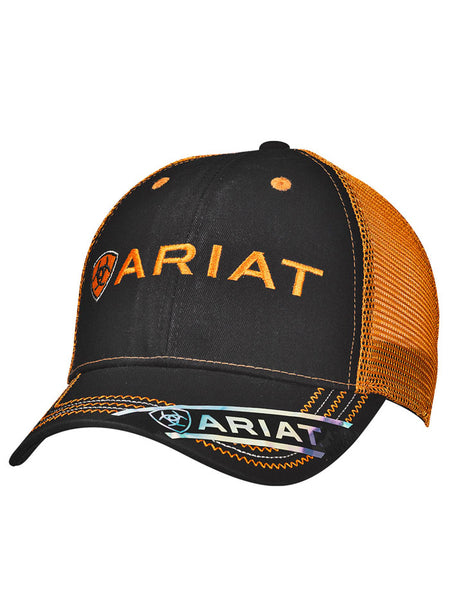 Ariat 15160276 Embroidered Logo Cap Black And Orange front view. If you need any assistance with this item or the purchase of this item please call us at five six one seven four eight eight eight zero one Monday through Saturday 10:00a.m EST to 8:00 p.m EST
