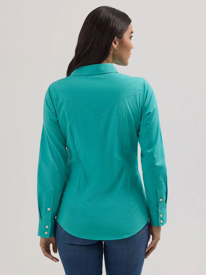 Wrangler 112358060 Womens Western Button Down Shirt Turquoise front view. If you need any assistance with this item or the purchase of this item please call us at five six one seven four eight eight eight zero one Monday through Saturday 10:00a.m EST to 8:00 p.m EST