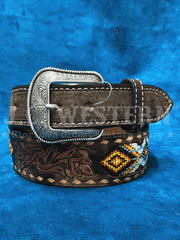 3D D100013402 Mens Buck Lacing Beaded Inlay Belt Brown front view. If you need any assistance with this item or the purchase of this item please call us at five six one seven four eight eight eight zero one Monday through Saturday 10:00a.m EST to 8:00 p.m EST