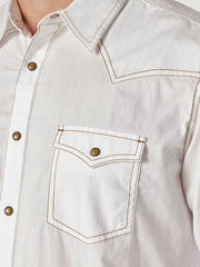Wrangler MVR531W Mens Long Sleeve Western Snap Solid Dobby Shirt White pocket close up. If you need any assistance with this item or the purchase of this item please call us at five six one seven four eight eight eight zero one Monday through Saturday 10:00a.m EST to 8:00 p.m EST