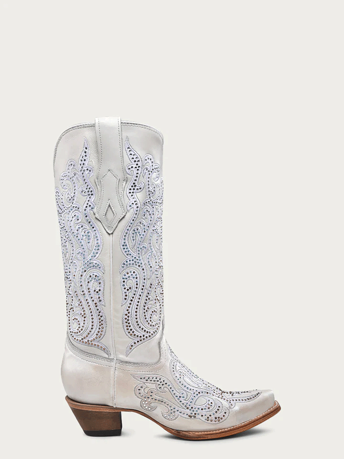 Corral C4103 Ladies Embroidery And Crystals Overlay Boot White front and side view. If you need any assistance with this item or the purchase of this item please call us at five six one seven four eight eight eight zero one Monday through Saturday 10:00a.m EST to 8:00 p.m EST