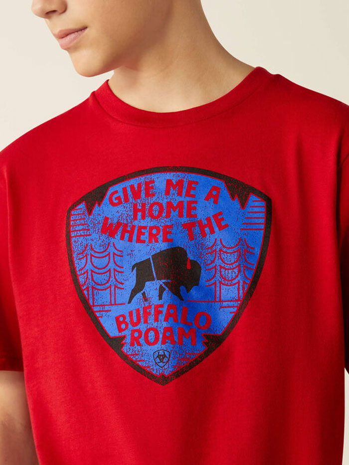 Ariat 10054040 Kids Buffalo West T-Shirt Red front view. If you need any assistance with this item or the purchase of this item please call us at five six one seven four eight eight eight zero one Monday through Saturday 10:00a.m EST to 8:00 p.m EST