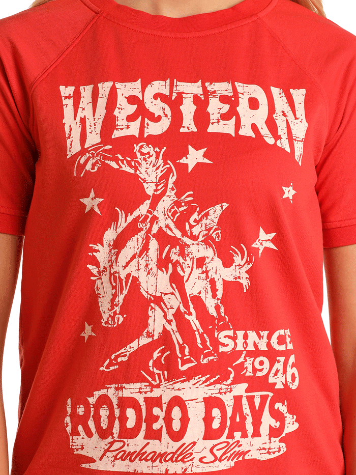 Panhandle LW21T05826 Womens Western Rodeo Days Graphic Tee Red front view. If you need any assistance with this item or the purchase of this item please call us at five six one seven four eight eight eight zero one Monday through Saturday 10:00a.m EST to 8:00 p.m EST