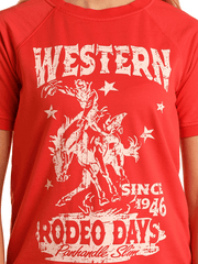 Panhandle LW21T05826 Womens Western Rodeo Days Graphic Tee Red front graphic close up view. If you need any assistance with this item or the purchase of this item please call us at five six one seven four eight eight eight zero one Monday through Saturday 10:00a.m EST to 8:00 p.m EST