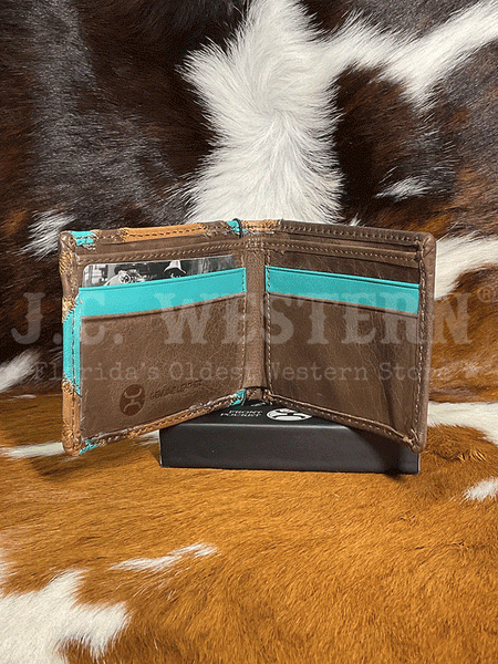 Hooey HFBF007-BRTQ Mens Pocket Bi-Fold Wallet Patchwork Front Turquoise open view. If you need any assistance with this item or the purchase of this item please call us at five six one seven four eight eight eight zero one Monday through Saturday 10:00a.m EST to 8:00 p.m EST