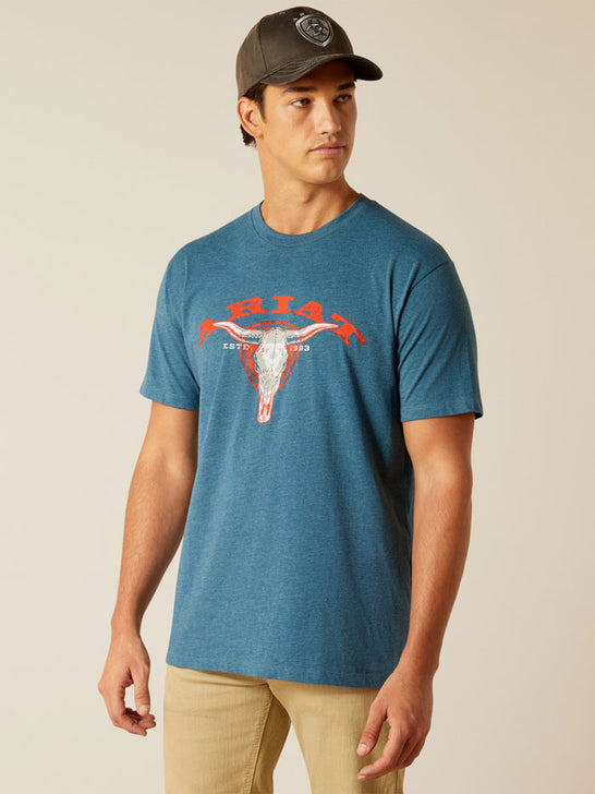 Ariat 10051392 Mens Abilene Skull T-Shirt Steel Blue Heather front view. If you need any assistance with this item or the purchase of this item please call us at five six one seven four eight eight eight zero one Monday through Saturday 10:00a.m EST to 8:00 p.m EST