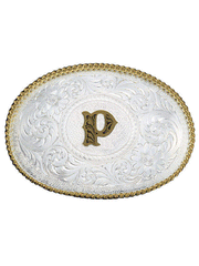 Montana Silversmiths 700 Initial Silver Engraved Gold Trim Western Belt Buckle letter P front view. If you need any assistance with this item or the purchase of this item please call us at five six one seven four eight eight eight zero one Monday through Saturday 10:00a.m EST to 8:00 p.m EST