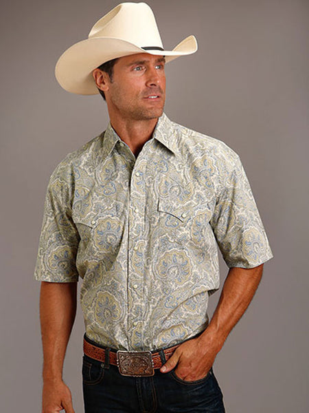 Stetson 11-002-0425-4009 Mens Paisley Western Short Sleeve Shirt Light Blue front view. If you need any assistance with this item or the purchase of this item please call us at five six one seven four eight eight eight zero one Monday through Saturday 10:00a.m EST to 8:00 p.m EST