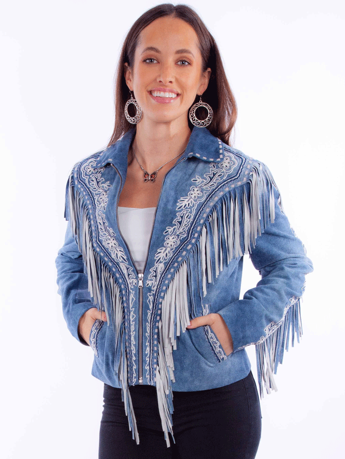 Scully L1120-169 Womens Embroidered Zip Front Jacket With Fringe Blue front view. If you need any assistance with this item or the purchase of this item please call us at five six one seven four eight eight eight zero one Monday through Saturday 10:00a.m EST to 8:00 p.m EST