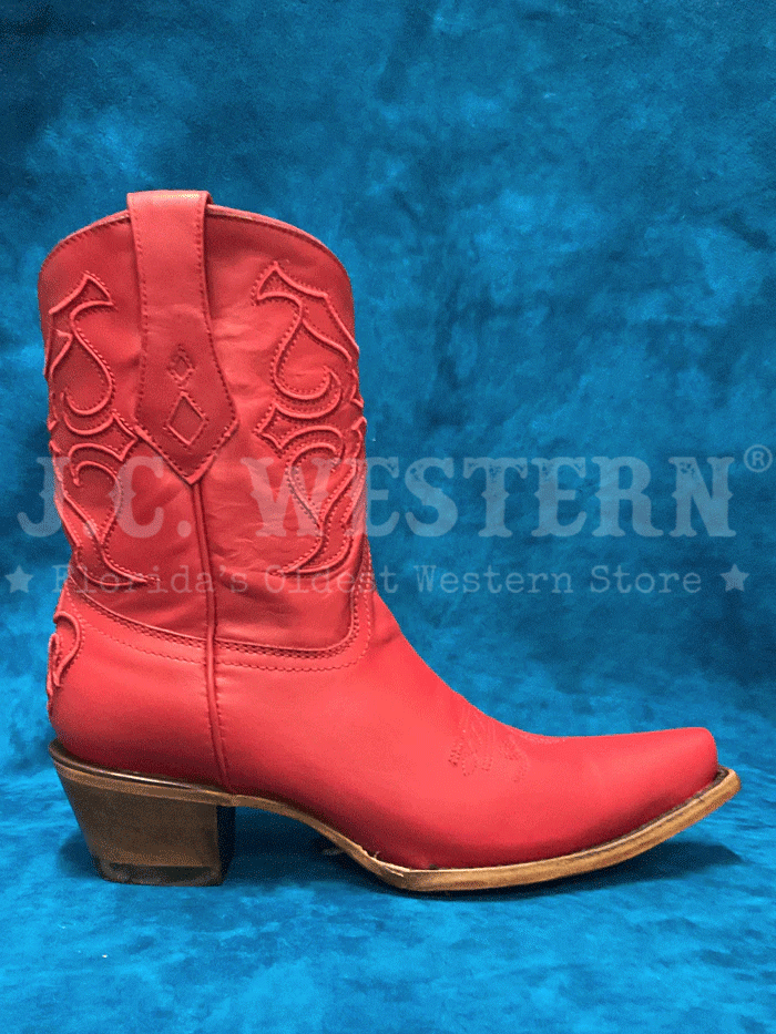 Corral Z5112 Ladies Embroidery Ankle Western Boot Red front and side view. If you need any assistance with this item or the purchase of this item please call us at five six one seven four eight eight eight zero one Monday through Saturday 10:00a.m EST to 8:00 p.m EST