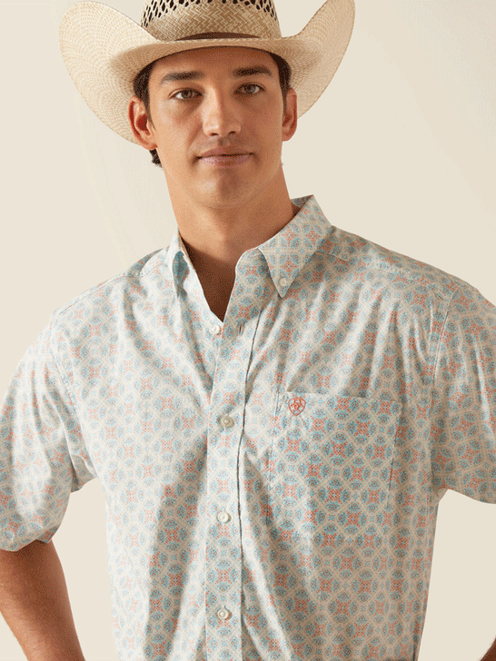 Ariat 10048405 Mens Kai Classic Fit Short Sleeve Shirt Aqua front close up view. If you need any assistance with this item or the purchase of this item please call us at five six one seven four eight eight eight zero one Monday through Saturday 10:00a.m EST to 8:00 p.m EST