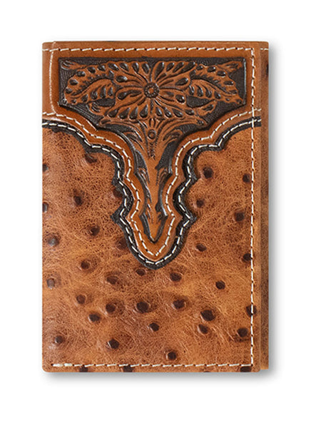 Ariat A3553202 Mens Ostrich Floral Embossed Trifold Wallet Bark front view. If you need any assistance with this item or the purchase of this item please call us at five six one seven four eight eight eight zero one Monday through Saturday 10:00a.m EST to 8:00 p.m EST