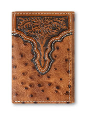 Ariat A3553202 Mens Ostrich Floral Embossed Trifold Wallet Bark front view. If you need any assistance with this item or the purchase of this item please call us at five six one seven four eight eight eight zero one Monday through Saturday 10:00a.m EST to 8:00 p.m EST