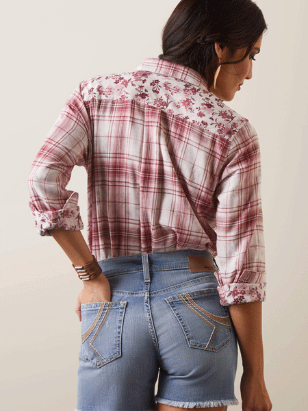 Ariat 10043453 Womens Billie Jean Shirt Willa Plaid Floral Burgundy back view. If you need any assistance with this item or the purchase of this item please call us at five six one seven four eight eight eight zero one Monday through Saturday 10:00a.m EST to 8:00 p.m EST