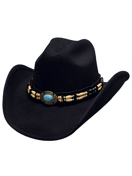 Bullhide FORTUNE 0581BL Fashion Felt Collection Hat Black side / front view. If you need any assistance with this item or the purchase of this item please call us at five six one seven four eight eight eight zero one Monday through Saturday 10:00a.m EST to 8:00 p.m EST