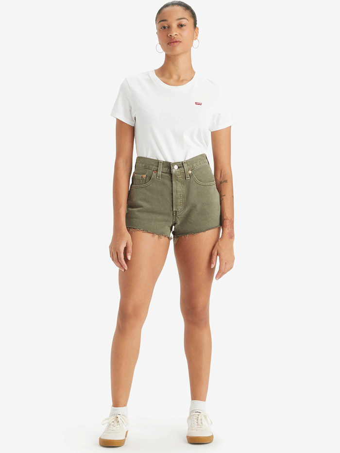 Levi's 563270396 Womens 501 Original Shorts Dusty Lichen Olive Green front view. If you need any assistance with this item or the purchase of this item please call us at five six one seven four eight eight eight zero one Monday through Saturday 10:00a.m EST to 8:00 p.m EST