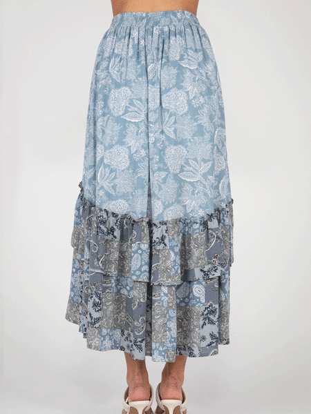 Miss Me MS0133L Womens Long Tiered Ruffled Floral Skirt Blue back view. If you need any assistance with this item or the purchase of this item please call us at five six one seven four eight eight eight zero one Monday through Saturday 10:00a.m EST to 8:00 p.m EST