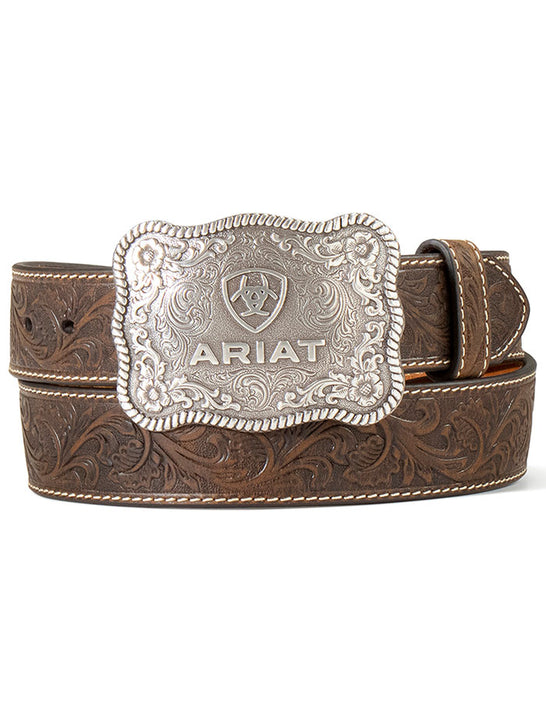 Ariat A1020444 Mens Floral Embossed Leather Belt Aged Bark front view. If you need any assistance with this item or the purchase of this item please call us at five six one seven four eight eight eight zero one Monday through Saturday 10:00a.m EST to 8:00 p.m EST