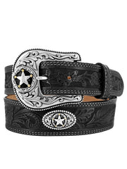 Justin C12423 Mens 5 Star Tooled Leather Belt Black front view. If you need any assistance with this item or the purchase of this item please call us at five six one seven four eight eight eight zero one Monday through Saturday 10:00a.m EST to 8:00 p.m EST
