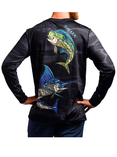 Shaka Kai DaveL TIGHT LINES Mens Long Sleeve Performance Shirt Black back view. If you need any assistance with this item or the purchase of this item please call us at five six one seven four eight eight eight zero one Monday through Saturday 10:00a.m EST to 8:00 p.m EST