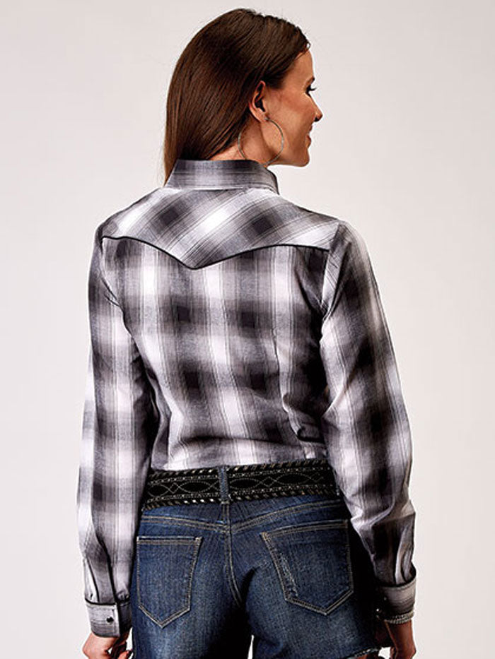 Roper 01-050-0016-3005 Womens Long Sleeve Plaid Shirt Black front view. If you need any assistance with this item or the purchase of this item please call us at five six one seven four eight eight eight zero one Monday through Saturday 10:00a.m EST to 8:00 p.m EST