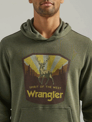 Wrangler 112339644 Mens Front Animal Logo Pullover Hoodie Deep Depths Heather graphic close up view. If you need any assistance with this item or the purchase of this item please call us at five six one seven four eight eight eight zero one Monday through Saturday 10:00a.m EST to 8:00 p.m EST
