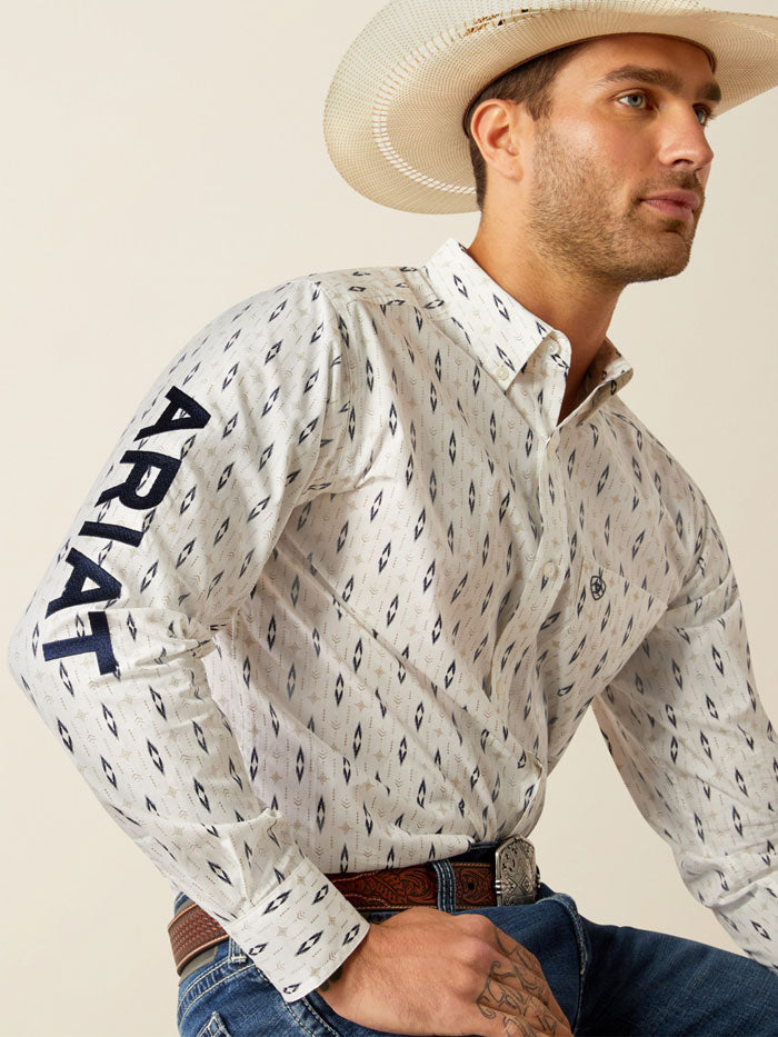 Ariat 10054728 Mens Team Perkins Fitted Shirt White And Navy front view. If you need any assistance with this item or the purchase of this item please call us at five six one seven four eight eight eight zero one Monday through Saturday 10:00a.m EST to 8:00 p.m EST