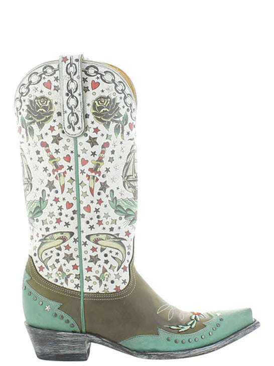 Old Gringo L4072-4 Womens MARINA Leather Boot Olive side view. If you need any assistance with this item or the purchase of this item please call us at five six one seven four eight eight eight zero one Monday through Saturday 10:00a.m EST to 8:00 p.m EST