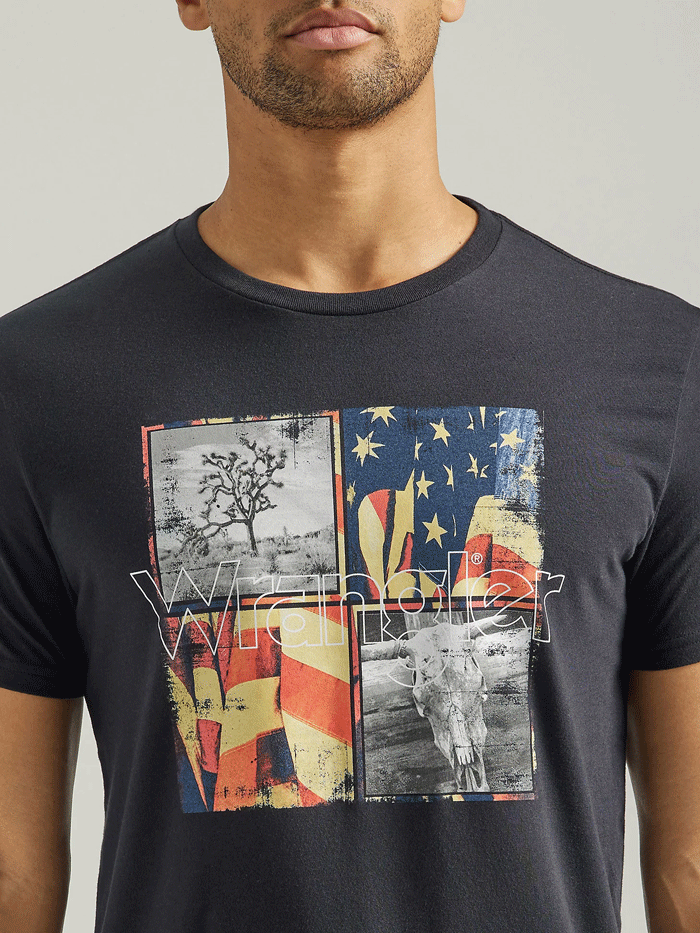 Wrangler 112339564 Mens Americana Photos T-Shirt Jet Black front view. If you need any assistance with this item or the purchase of this item please call us at five six one seven four eight eight eight zero one Monday through Saturday 10:00a.m EST to 8:00 p.m EST
