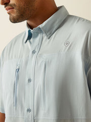 Ariat 10058814 Mens VentTEK Classic Fit Shirt Papyrus Light Blue front close up. If you need any assistance with this item or the purchase of this item please call us at five six one seven four eight eight eight zero one Monday through Saturday 10:00a.m EST to 8:00 p.m EST