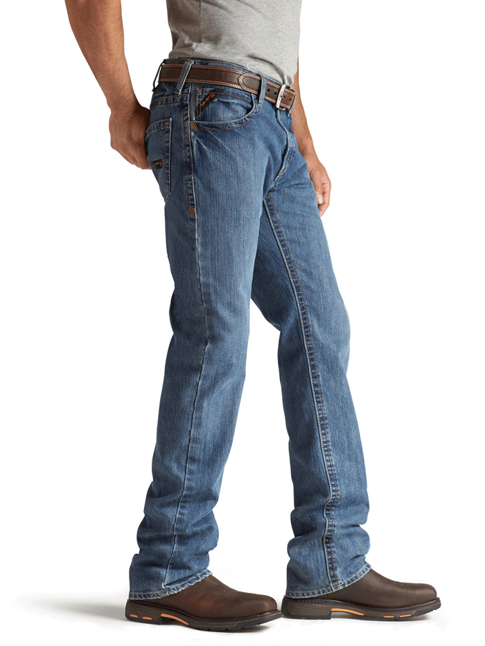 Ariat 10012552 Mens FR M4 Relaxed Basic Boot Cut Jean Flint front view. If you need any assistance with this item or the purchase of this item please call us at five six one seven four eight eight eight zero one Monday through Saturday 10:00a.m EST to 8:00 p.m EST