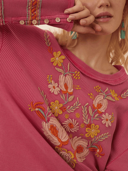 Bohera B24W-10324 Womens Hadass Floral Embroidered Top Pink close up. If you need any assistance with this item or the purchase of this item please call us at five six one seven four eight eight eight zero one Monday through Saturday 10:00a.m EST to 8:00 p.m EST

