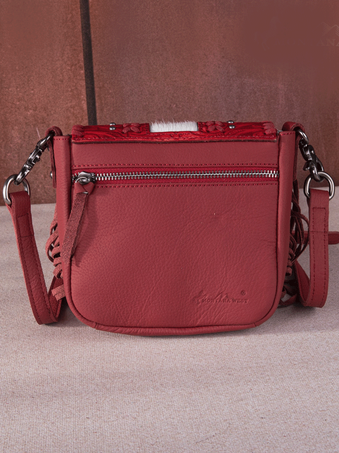 Montana West RLC-L168RD Womens Genuine Leather Tooled Fringe Crossbody Bag Red front view. If you need any assistance with this item or the purchase of this item please call us at five six one seven four eight eight eight zero one Monday through Saturday 10:00a.m EST to 8:00 p.m EST