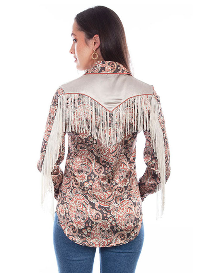 Scully HC828-BRN Womens Paisley Fringe Blouse Brown front view. If you need any assistance with this item or the purchase of this item please call us at five six one seven four eight eight eight zero one Monday through Saturday 10:00a.m EST to 8:00 p.m EST