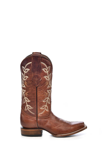 Circle G L2000 Ladies Floral Embroidery Square Toe Boot Cognac side view. If you need any assistance with this item or the purchase of this item please call us at five six one seven four eight eight eight zero one Monday through Saturday 10:00a.m EST to 8:00 p.m EST