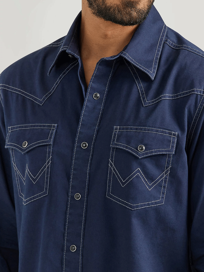 Wrangler 112352852 Mens Retro Premium Long Sleeve Shirt Rich Navy front view. If you need any assistance with this item or the purchase of this item please call us at five six one seven four eight eight eight zero one Monday through Saturday 10:00a.m EST to 8:00 p.m EST