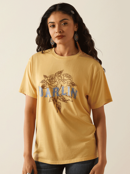 Ariat 10055129 Womens Darlin Rose T-Shirt Rattan Yellow front view. If you need any assistance with this item or the purchase of this item please call us at five six one seven four eight eight eight zero one Monday through Saturday 10:00a.m EST to 8:00 p.m EST