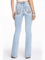 Miss Me M5082B190L Womens Niela Wing Mid Rise Bootcut Jeans Light Wash back view. If you need any assistance with this item or the purchase of this item please call us at five six one seven four eight eight eight zero one Monday through Saturday 10:00a.m EST to 8:00 p.m EST