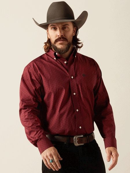 Ariat 10054047 Mens Wrinkle Free Issac Classic Fit Shirt Dark Red front. If you need any assistance with this item or the purchase of this item please call us at five six one seven four eight eight eight zero one Monday through Saturday 10:00a.m EST to 8:00 p.m EST